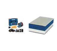 Bosch Professional 06019D0201 Levigatrice Orbitale, Blu + 1x Spugna EXPERT Dual Density per Legno, 80 x 133 mm, include Abrasivi a Rete EXPERT M480 2xP80, 2xP120, 1xP184