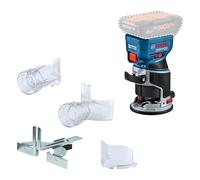 Bosch Professional 18V System Rifilatore a batteria GKF 18V-8 (incl. guida parallela, 2 adattatori aspiratore rifilatura, protezione trucioli, pinza da 8 mm, chiave, senza batteria/caricabatteria)