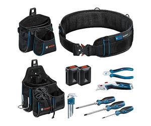Bosch Professional Combo Kit Cintura Portaut. e Set Uten. Man. (Incl. 1 Cint. 108, 1 Gwt 2, 1 Gwt 4, 2 Proclick Holder, 3 Cacciaviti, Set 9 Pezzi Chiavi Brug., 1 Pinza Cesoia Taglio Diag., 1 Coltello)