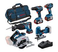 Bosch Professional Combo Kit GSR 18V-55 + GST 18V-125 S + GKS 18V-57-2 + GSA 18V-28 + GDX 18V-200 (incl. 3 batterie da 4.0 Ah, caricabatteria GAL 18V-40, in borsa degli attrezzi grande)