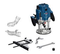 Bosch Professional Fresatrice a filo GOF 20-12 (2.000 W di potenza di ingresso, incl. aspiratore, rullo e guida parallela, perno di centraggio, chiave a bussola, set di pinze)