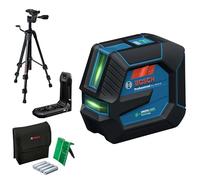 Bosch Professional livella laser a linee GLL 20-22 G (staffa LB 10, laser verde, uso interno, doppia alimentazione, 2 batterie da 1,5 V LR6, custodia protettiva, treppiede BT 150)