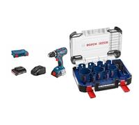 Bosch Professional Trapano-avvitatore a batteria GSR 18V-28 (incl. 2 batterie, caricabatteria, L-Case) + 14 pz. Set di Seghe a Tazza Expert Tough Material (Legno con Metallo, Ø 20-76 mm, Accessorio)