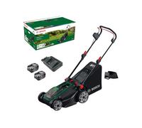 Bosch Rasaerba a batteria ROTAK18V2-43 (larghezza di taglio: 43 cm, altezza di taglio: 30-75 mm, sacco raccoglierba in tessuto da 40 l, tappo per pacciame, inclusi 2 batterie da 18 V e caricabatteria)