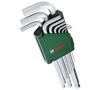 Bosch Set di chiavi a brugola 9 pezzi, chiavi multifunzione in acciaio S2 di alta qualità, 1,5-10 mm, braccio lungo, estremità a sfera per scostamenti di 30 gradi, fermaglio di stivaggio, antiruggine