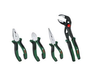Bosch Set di pinze da 4 pezzi, 4 Tronchesi Diagonali Durevoli, Precisi, e Pinze Universali, A Becco Lungo e A Pappagallo Multiuso, Rivestimento Softgrip Ergonomico, Superficie Placcata in Nichel