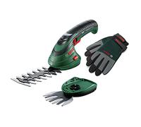 Bosch Set forbici per erba a batteria Isio (3,6 Volt, lunghezza lama 12 cm, spessore di taglio 8 mm, con guanti da giardinaggio XL inclusi)