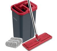 BOSHENG Mocio e secchio con strizzatore, mocio piatto e secchio mani libere, 3 panni in microfibra lavabili inclusi, uso bagnato e asciutto, sistema di pulizia del pavimento domestico, nero e rosso