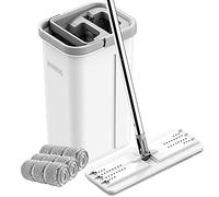 BOSHENG - Set di mocio e secchio piatti in microfibra, con 3 panni lavabili e riutilizzabili, sistema di pulizia del pavimento per uso bagnato e asciutto.