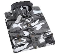 BoShiNuo Camo1 - Camicia da uomo in cotone, a maniche lunghe, stampata, da cowboy, casual, da arrampicata, streetwear cargo, grigio, M