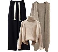 BoShiNuo Inverno caldo lavorato a maglia Set per Donna Abiti Donna Dolcevita Pullover Maglione+Cardigan in Magli Pantaloni a Gamba Larga Set, Set da 3 pezzi, XS