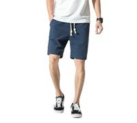 BoShiNuo Pantaloncini da uomo in cotone e lino, casual, estivi, traspiranti, comodi, con coulisse, morbidi, da uomo, streetwear, Blu, XS