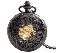 BOSHIYA Orologio da tasca meccanico a vento con catene Steampunk vintage nero scheletro quadrante numeri romani, CL-nero.