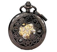 BOSHIYA Orologio da tasca vintage meccanico luminoso steampunk scheletro numeri romani carica a mano orologio da tasca con catena per uomo & confezione regalo, Nero , L, Orologio da tasca meccanico