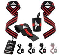 Bosmik Set Straps Palestra e Polsini Palestra - Fascette Sollevamento Pesi Imbottite e Polsiere Gym per Fitness, Bodybuilding e Crossfit Accessori - Regalo Palestra per Uomo e Donna (Rosso)