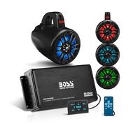 Boss Audio Systems UNI4RGB ATV UTV Marine Audio Stereo System Package - BPS4B Amplificatore Bluetooth a 4 canali a gamma completa, 4 altoparlanti Waketower MRWT40 da 4 pollici, IPX5 resistente alle