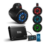 Boss Audio Systems UNI4RGB ATV UTV Marine Audio Stereo System Package - BPS4B Amplificatore Bluetooth a 4 canali a gamma completa, 4 altoparlanti Waketower MRWT40 da 4 pollici, IPX5 resistente alle