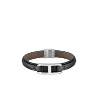 BOSS Bracciale in pelle a strati con maglia color argento con logo - Style KODE, HB1580783 Nero M