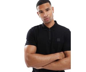 BOSS Orange - Passer - Polo slim nera con logo tono su tono e zip-Nero S
