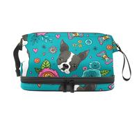 Boston Terrier and Beautiful Flowers - Trousse a doppio strato, per donne e ragazze, trousse da viaggio per trucchi, con scomparto per pennelli, Multi, 27x15x14 cm/10.6x5.9x5.5 in, Beauty case