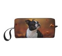 Boston Terrier Autunno Bokeh Cani Cani nella foresta, Borsa per il trucco Borsa per cosmetici Borsa da toilette da viaggio portatile Borsa per trucco Organizer