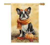 Boston Terrier Cane con zucche e sciarpa arancione autunno stile acquerello bandiera da giardino, raccolto autunnale decorativo esterno cortile decorazione esterna banner su entrambi i lati, arancione