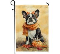 Boston Terrier Cane con zucche e sciarpa arancione autunno stile acquerello bandiera da giardino, raccolto autunnale decorativo esterno cortile decorazione esterna banner su entrambi i lati, arancione