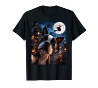 Boston Terrier Cane Selfie con Strega Volante Felice Halloween Maglietta