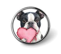 Boston Terrier che tiene un cuore rosa spilla rotonda per uomo donna moda distintivo collare pin vestito giacca zaino accessori