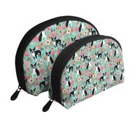 Boston Terrier con i fiori, Borsa per trucco a conchiglia Portamonete da donna Borsa da toilette piccola Borsa per cosmetici 2 pezzi