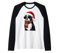 Boston Terrier Dog Bostie Santa Hat Plaid Sciarpa Occhiali da Sole Maglia con Maniche Raglan