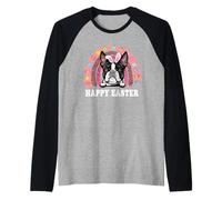 Boston Terrier Dog Easter Bunny Eggs Hunting Boho Rainbow Maglia con Maniche Raglan