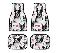 Boston Terrier - Set di 4 tappetini per auto con cane e cuore, personalizzabili, antiscivolo, anteriori e posteriori, classici per tutte le stagioni, universali, adatti per SUV, furgoni, berline e