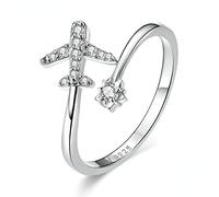 BOSUGE Anello Personalizzato, Anello Squisito, Anelli Donna Aereo Volante Anelli Aperti for Le Donne Anelli Regolabili CZ Trasparenti Gioielli in Argento Sterling 925 Bijoux (Color : Silver)