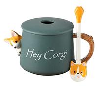 BOSUGE, Tazza da tè in Ceramica Tazza da caffè con Coperchio e Cucchiaio novità Tazza da caffè 3D Corgi Tazze da tè for Gli Amanti dei Cani Bambini Ragazze Ragazzi