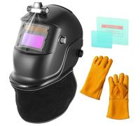 BOSYTRO Maschera per saldatura con luce, oscurante automatico, a energia solare, con 2 pellicole protettive + guanti da sudore + protezione per il collo in vera pelle, tinta regolabile 9-13 per Wig