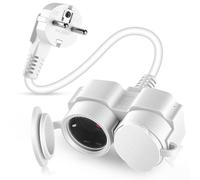 BOSYTRO Prolunga con presa Schuko, doppia presa con due prese e coperture antipolvere, doppia spina per uso interno/esterno, massimo 3500 W, 16 A 250 V, IP44, cavo di alimentazione da 0,25 m Bianco