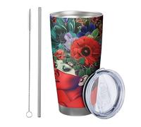 Botanica con coperchio e cannuccia, bella ragazza, bellissimo fiore artistico, pianta artistica, novità, rosso e verde, refrigeratore per lattine isolante, senza fuoriuscita, per ufficio
