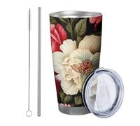 Botanica con coperchio e cannuccia, bellissimo fiore artistico, foglie rustiche, rosa, giallo chiaro, isolante, in metallo, senza fuoriuscite, per scuola, college, doppia parete, 590 ml