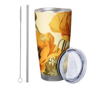 Botanica con coperchio e cannuccia, stile vintage, bellissimo fiore, foglie, fattoria, giallo, verde, isolante, in metallo, senza fuoriuscite, per scuola, scuola universitaria e asilo nido, doppia
