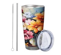 Botanical con coperchio bicchiere Set Di 1 Rustico Fattoria Artistico Foglie di Fiori Bellissimo Vaso blu tellow rosa Acciaio Metallo Caldo e Freddo No Spill Ufficio Outdoor Club Dormitorio Tazza da