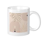 Botanical - Confezione da 1 tazza con stampa di foglie geometriche fasi lunari astratte linee bohémien beige ligjht giallo ceramica leggera collezione soggiorno esterno fondo piatto con manici 325 ml