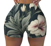 Botanical Floral Print Flessibile Elastico Estate Comodi Pantaloncini Da Palestra A Vita Alta Contorno Esercizio Corsa, Nero , XL