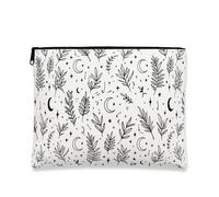 Botanical Minimalistic - Trousse da viaggio con foglie nere e luna, organizer portatile in tela con cerniera, Nero, Bianco, 7x9 Inch, Cosmetici