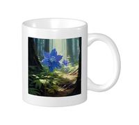 Botanical Set di 1 tazza con stampa di piante forestali belle foglie di bosco natura blu verde ceramica decorativa leggera all'aperto scuola campeggio camera da letto fondo piatto tazze da tè 325 ml