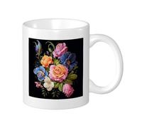 Botanical - Set di 1 tazza stampata su sfondo nero rustico con belle foglie floreali rosa blu verde in ceramica non rovesciabile collezione ufficio palestra ufficio campeggio con manici fondo piatto