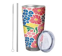 Botanico con coperchio bicchiere Set di 1 Cottage Bohemian Astratto Fiore Modello Pianta Grafica Foglie Colorate In Metallo Inox Caldo E Freddo No Spill Ufficio Outdoor Club Dormitorio Caffè tazza da