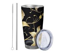 Botanico con coperchio bicchiere Set di 1 Vintage Estetica Artistica Fiore Belle Foglie Pianta Neutro giallo balck Isolato Caldo e Freddo Infrangibile Ufficio Esterno Dormitorio Caffè tazza da bere