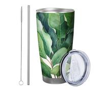 Botanico con coperchio e cannuccia bicchiere Bellissimo moderno Acquerello Foglie Botanica Pianta Cottage Fattoria verde Acciaio Metallo Caldo e Freddo No Spill Ufficio Dormitorio Esterno Caffè bere