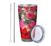 Botanico con coperchio e cannuccia bicchiere Elegante Bella Donna Fiore Pianta Ragazza Foglie Artistico rosa rosso grene Metallo Inossidabile Caldo e Freddo No Spill Ufficio Dormitorio Esterno Caffè